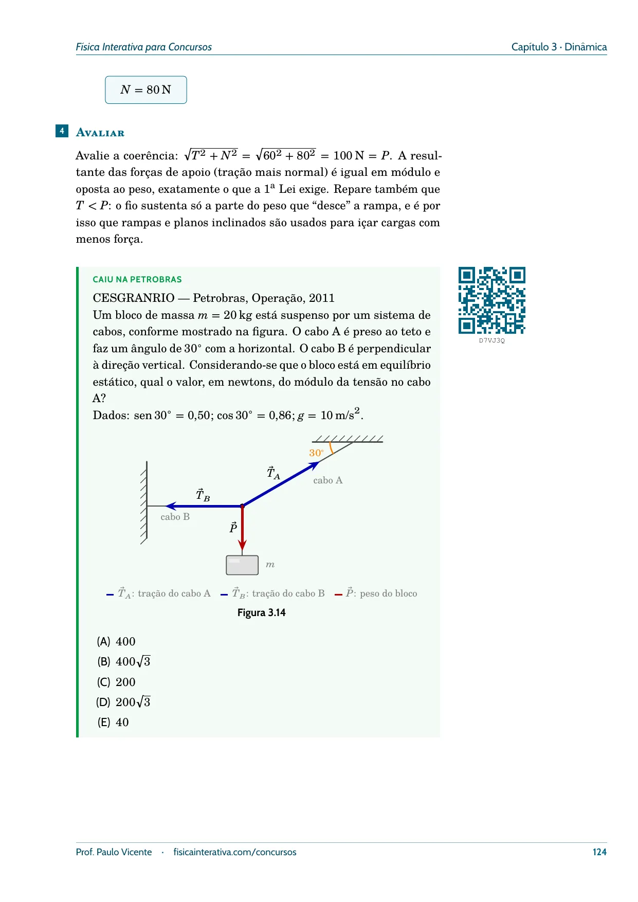 Página 124 do livro: questão da Petrobras sobre um bloco suspenso, com QR code